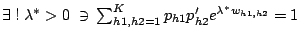 $\exists \; ! \; \lambda^* > 0 \; \ni \; \\ \sum_{h1,h2=1}^{K}
p_{h1}p_{h2}'e^{\lambda^*w_{h1,h2}} = 1$